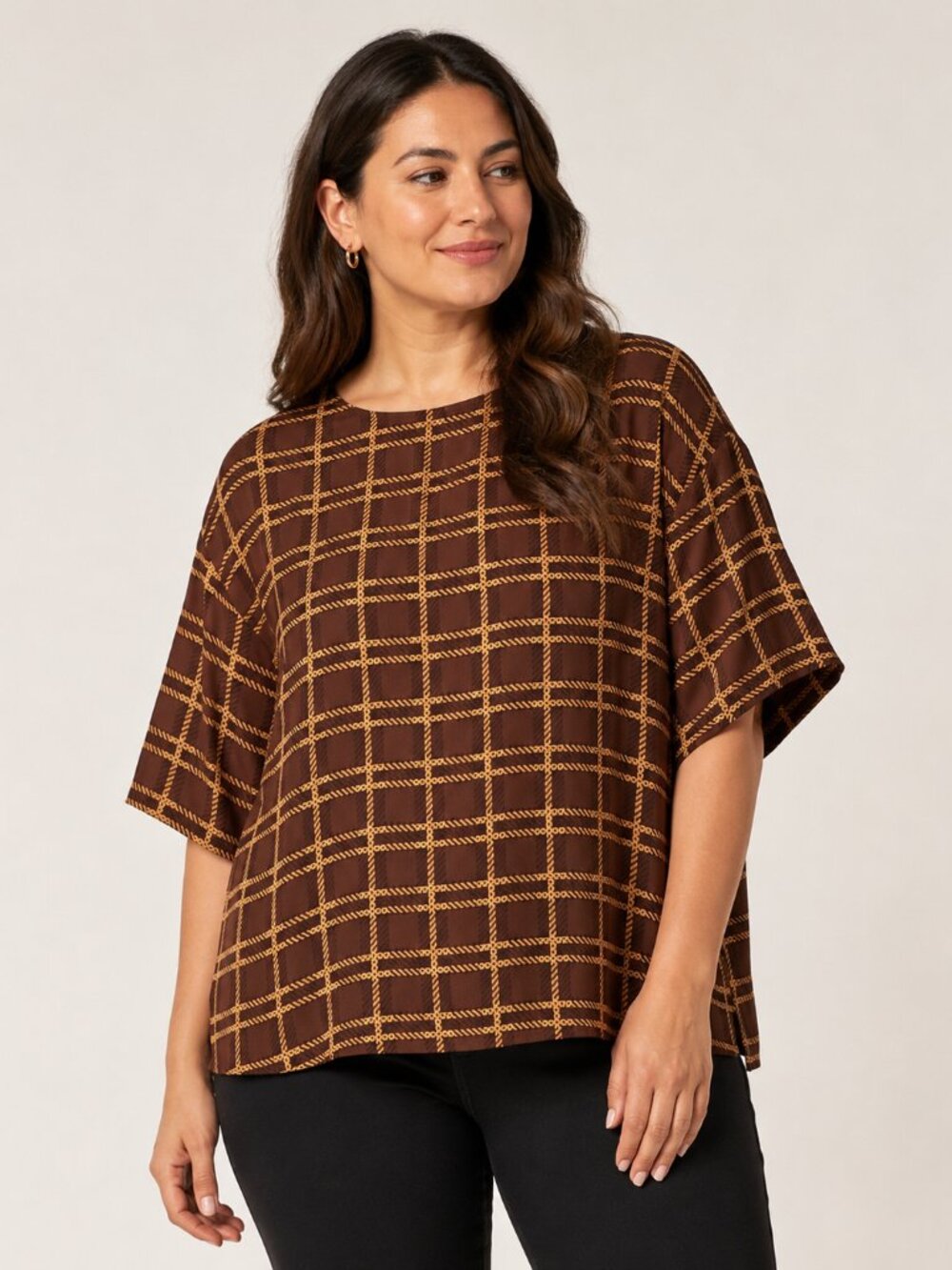 Vintage Christie & Jill 100% Silk Brown Tan Chain Print Blouse Size XL